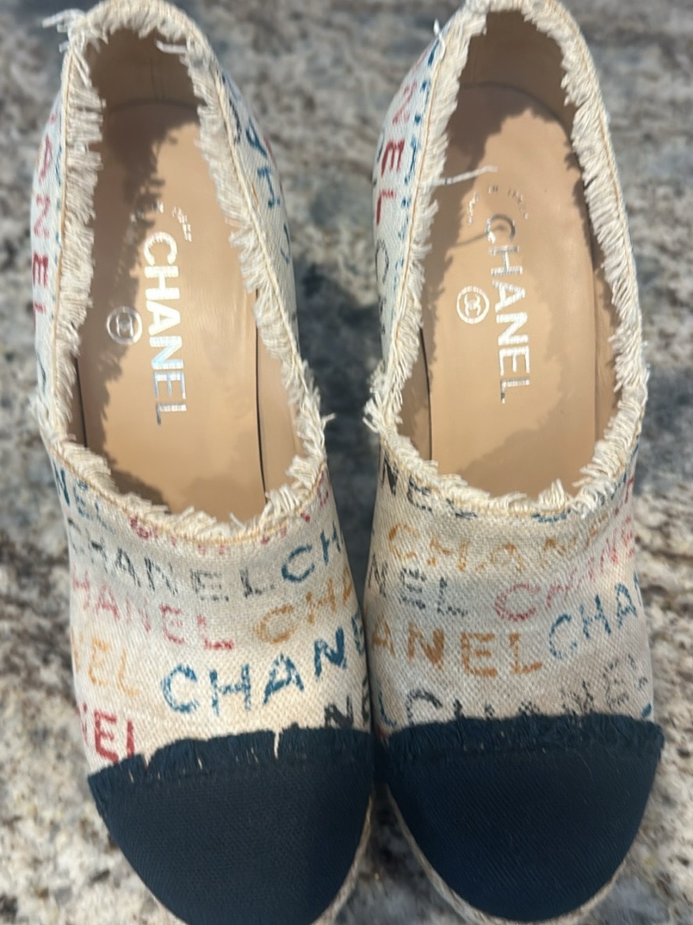 CHANEL Multicolor Logo Canvas Espadrilles with Black Cap Toe